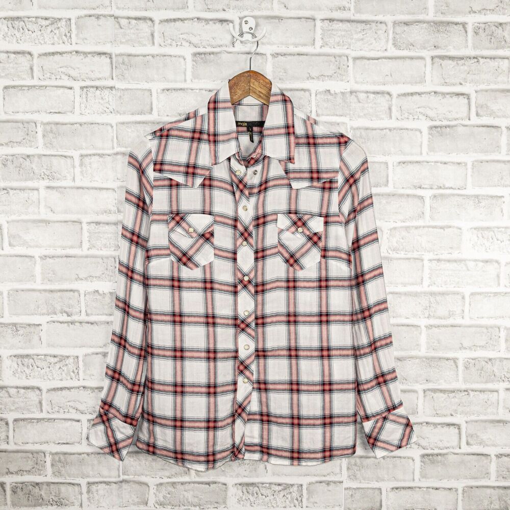 MAJE Button up Flannel Shirt in White Red Plaid Size 1